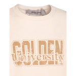 Golden Goose Sweaters White with 'Golden University' text and stripe detailing on sleeves, featuring crew neck and logo.