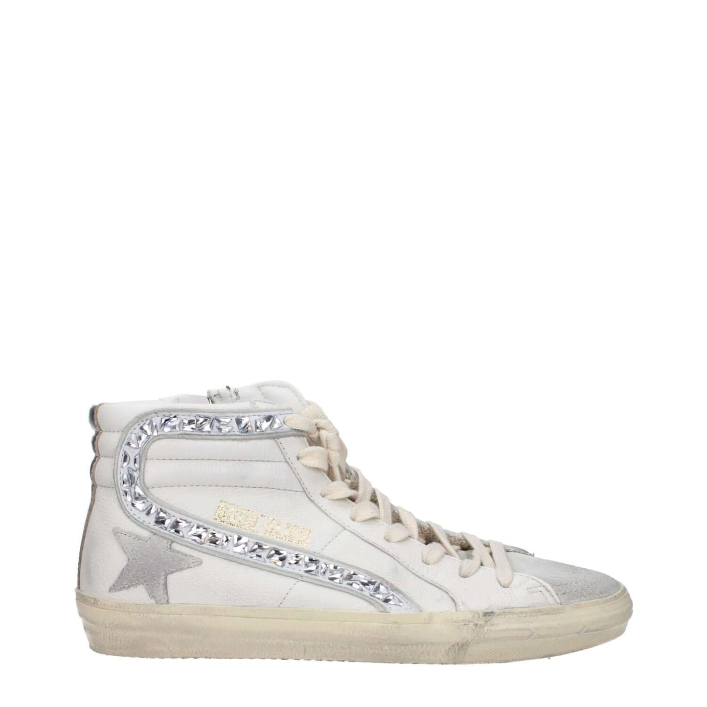 Golden Goose White Leather High Top Sneakers with aged and vintage effect, side and front logos, and silver details.
