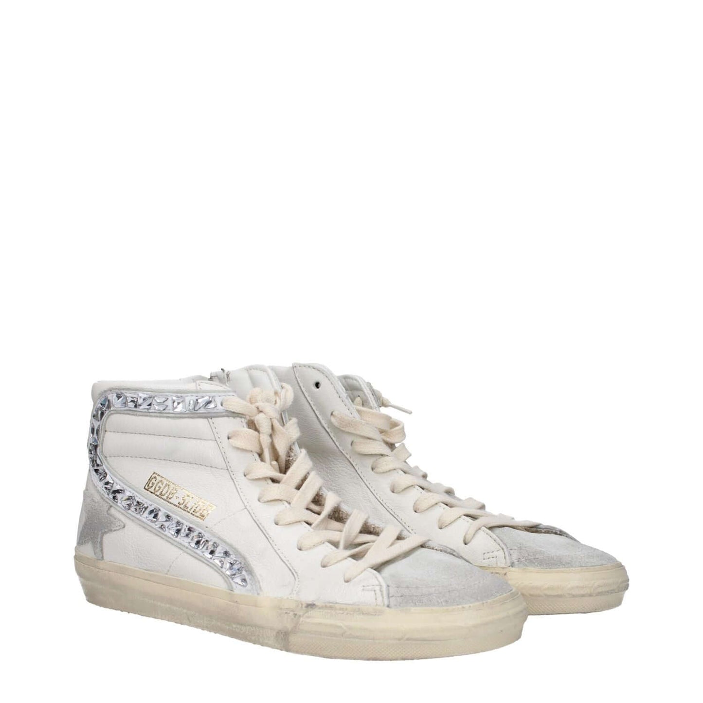 Golden Goose White Leather High Top Sneakers with vintage effect and lace-up closure.