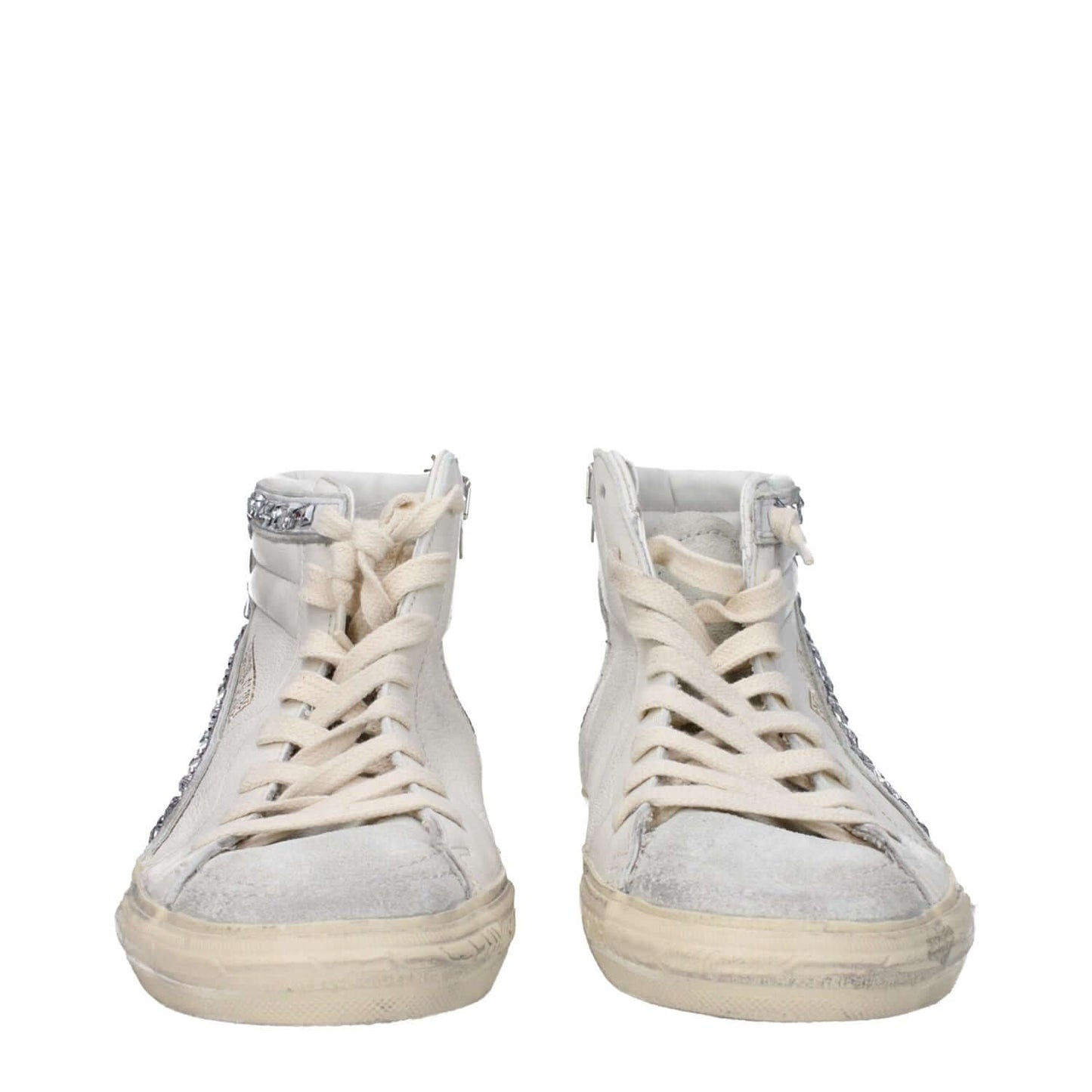 Golden Goose White Leather High Top Sneakers with aged and vintage effect, front and side logo, lace-up closure, and silver details.