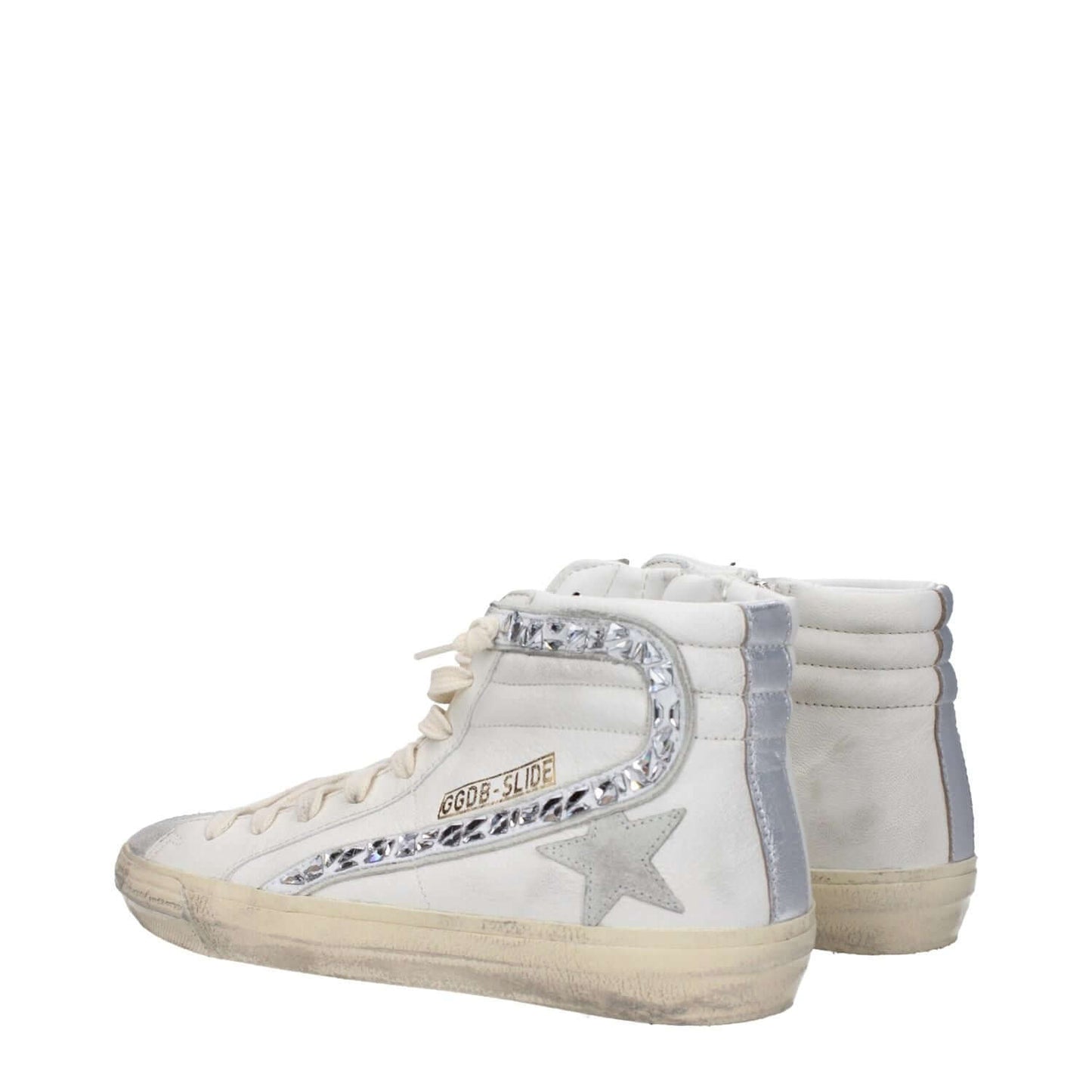 Golden Goose White Leather High Top Sneakers with silver details, vintage and aged effect, side star logo, and lace-up closure.