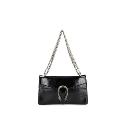 Gucci Black Calfskin Crossbody Bag with chain strap, silver-tone hardware, and flap pocket. Features calf leather and microfiber lining.