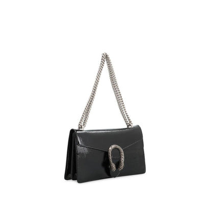 Gucci Black Calfskin Crossbody Bag with patent effect, sliding chain strap, and antique silver-tone hardware, luxury women's leather bag.