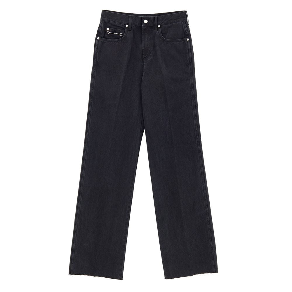 Gucci Black Cotton Jeans Denim with wide straight leg, five pockets, and iconic metal detail on front pocket.
