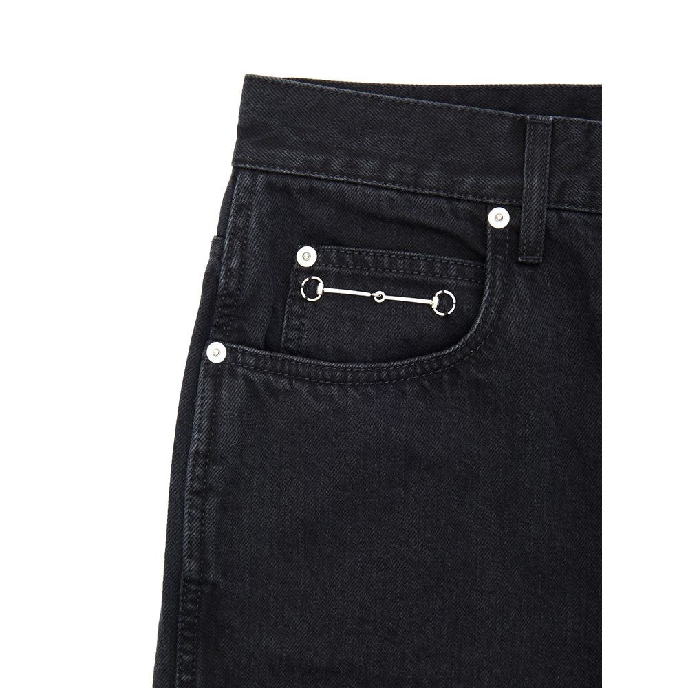 Gucci Black Cotton Jeans Denim with iconic metal detail on front pocket, five pockets, relaxed fit, wide straight leg, pure black cotton.