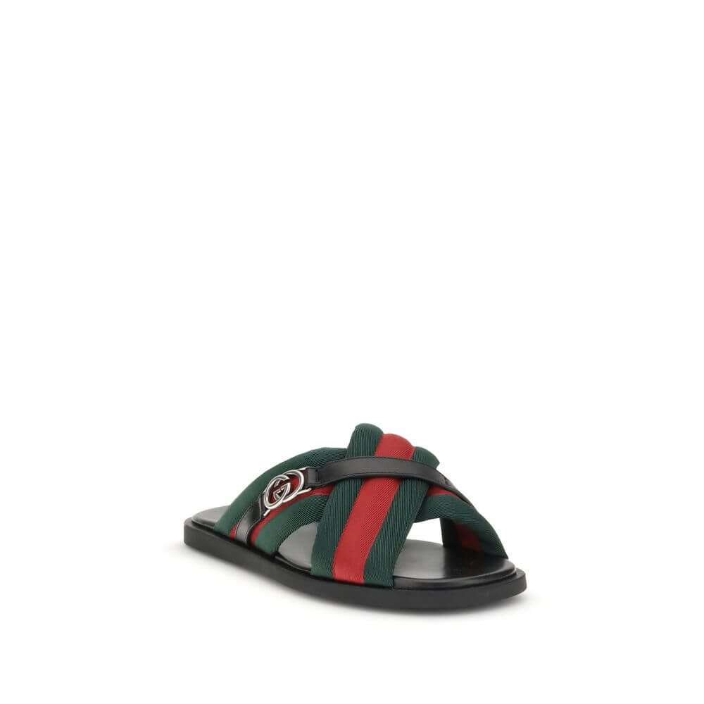 Gucci Black Polyamide Flat Sandals with iconic green and red Web fabric and Interlocking GG logo, elegant and refined design.