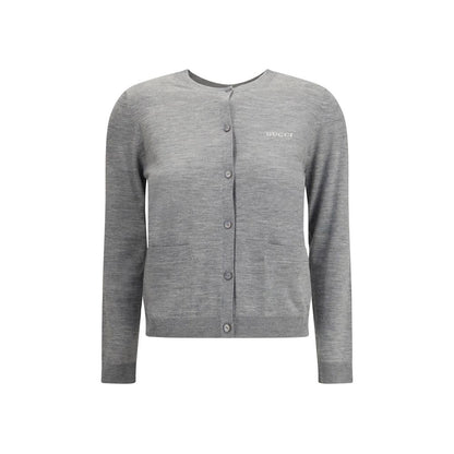 Gucci Gray Cashmere Cardigan with ribbed crew neck, front button closure, and patch pockets for AW25 season.