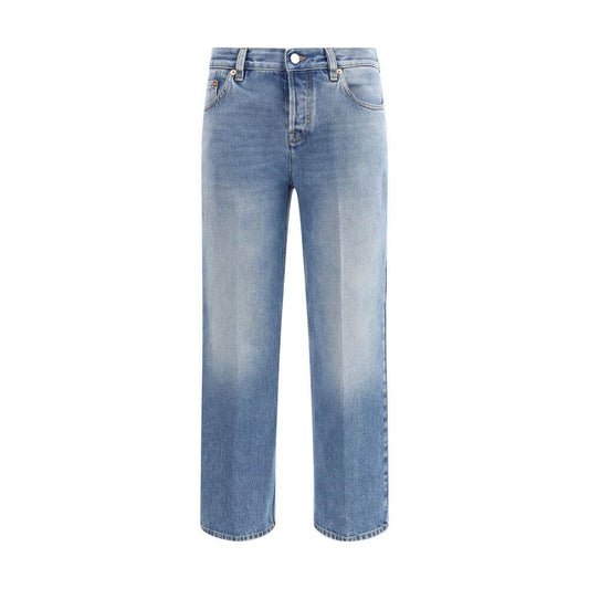 Alt Tag: Gucci Light Blue Cotton Straight-Leg Jeans with five-pocket design and button closure.