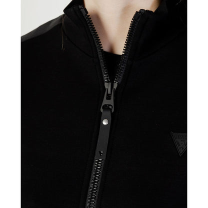 Close-up of Guess Active Black Viscose Sweatshirt zipper and logo detail, highlighting sleek design and soft fabric texture.