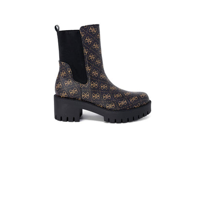 Guess Black Leather Ankle Boots with logo pattern and lug sole.