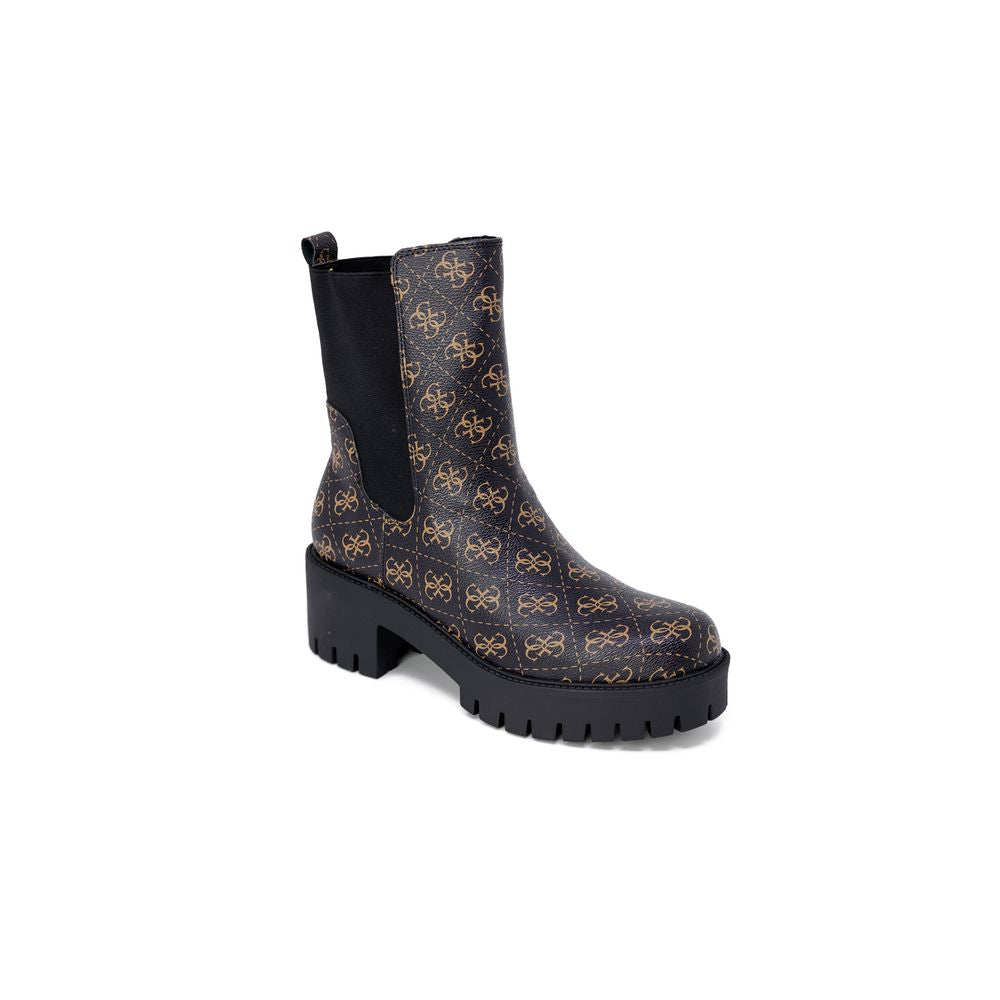 Guess Black Leather Ankle Boots with iconic logo print and lug sole
