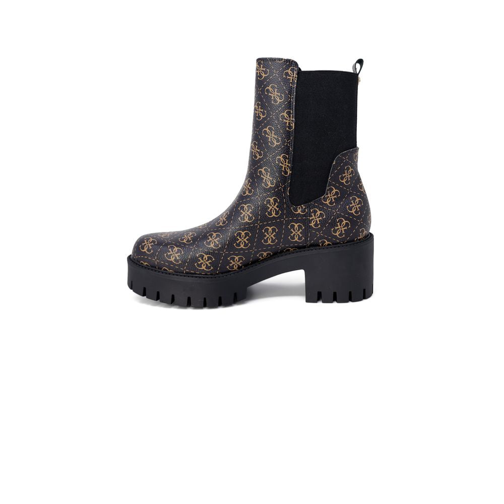 Side view of Guess Black Leather Ankle Boots with lug sole and Guess logo pattern on the upper