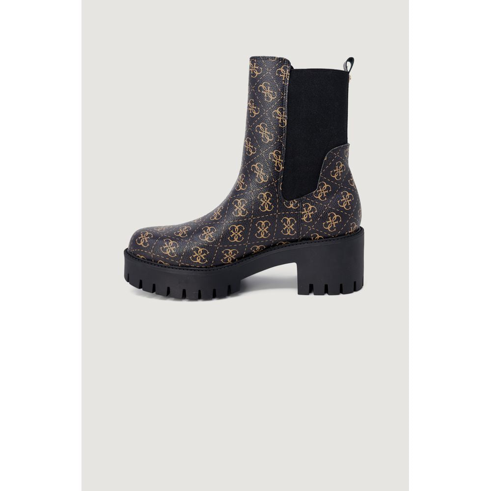 Guess Black Leather Ankle Boots with logo print, rounded toe, and lug sole for stability and style, perfect for any occasion.