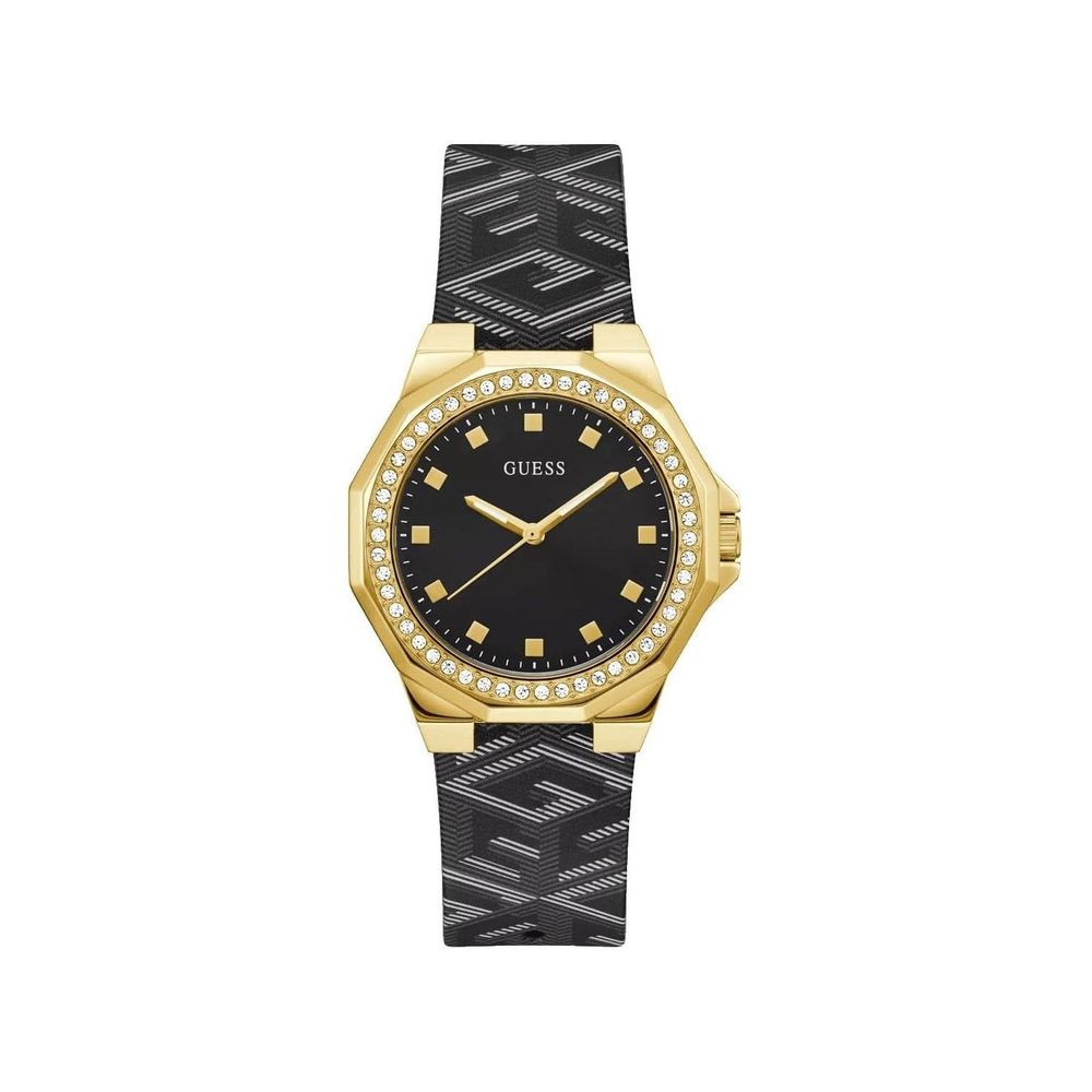 Guess Black Leather Dress Watch with golden stainless steel case and black leather strap, featuring a black dial and analog display.