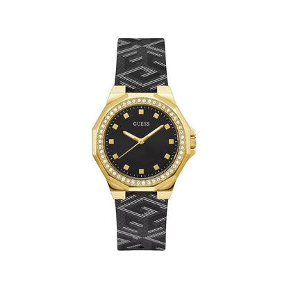 Guess Black Leather Dress Watch with golden stainless steel case and black leather strap, featuring a black dial and analog display.