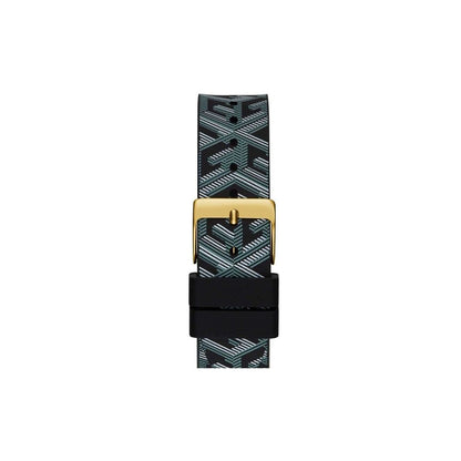 Designer patterned watch strap with gold buckle and geometric design, suitable for stylish timepieces and fashion-forward accessories.