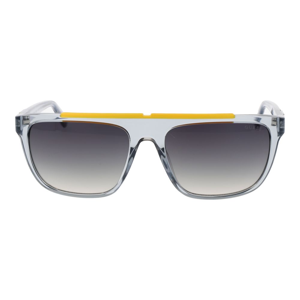 Guess Gray Men Sunglass with gunmetal frame, full-rim rectangle style, and brown gradient plastic lenses. Includes branded case.