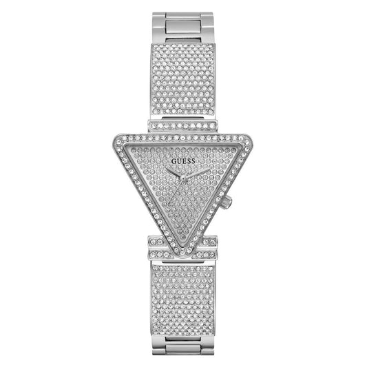 Guess Gray Stainless Steel Bracelet Watch with triangular dial and crystal embellishments.