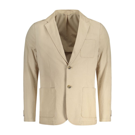 Guess Jeans Beige Cotton Men Jacket with pockets, tailored for comfort and style.