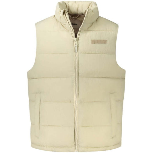 Guess Jeans Beige Polyamide Men Jacket - Sleeveless water-resistant jacket with logo, ideal for stylish and practical outerwear.