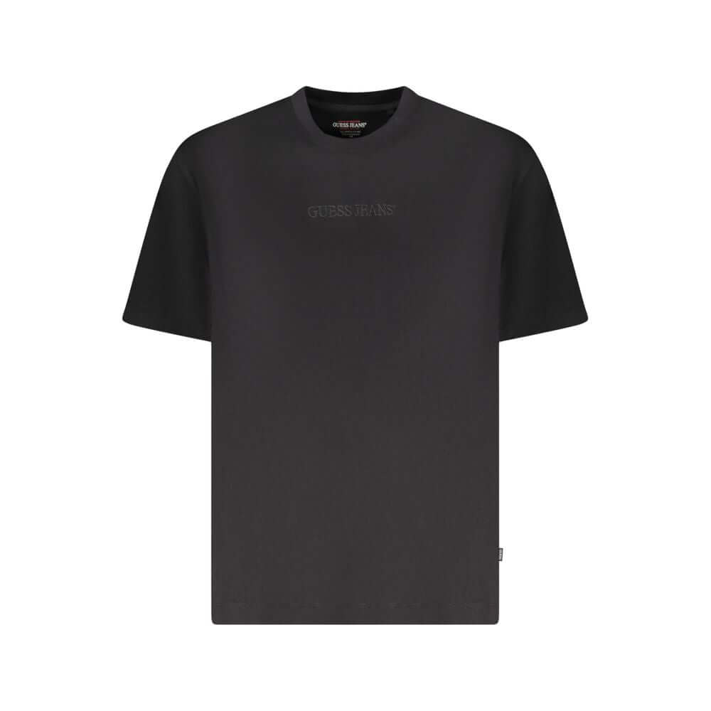 Guess Jeans Black Cotton Men Oversize T-Shirt with embroidered logo and crew neck design, made from organic cotton.