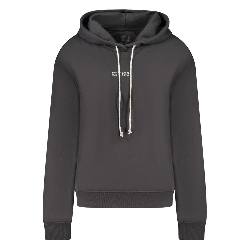 Guess Jeans Black Cotton Women Sweater with bold details, print, and rhinestones; cozy and stylish long sleeve hoodie.