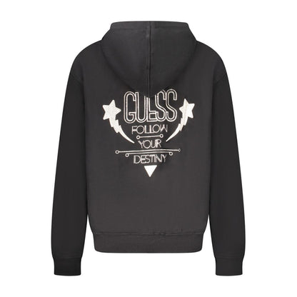 Guess Jeans Black Cotton Women Sweater with rhinestone embellishments and bold logo print on the back, long sleeve hoodie style.