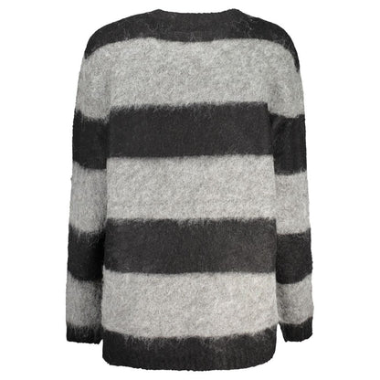 Guess Jeans Black Polyester Sweater with striped long sleeves, crew neck, and logo design on the back, made from polyester.