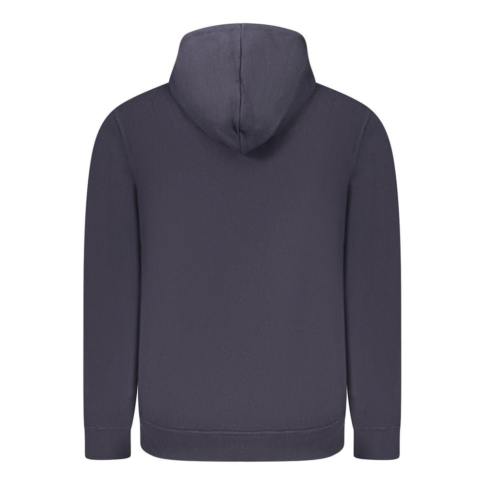 Back view of Guess Jeans Blue Cotton Men Sweater with hood and long sleeves, showcasing premium fabric and sleek design.