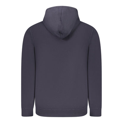 Back view of Guess Jeans Blue Cotton Men Sweater with hood and long sleeves, showcasing premium fabric and sleek design.