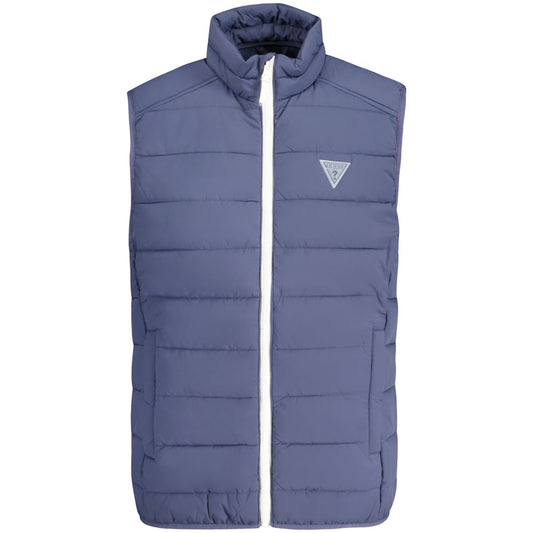 Guess Jeans Blue Spandex Men Jacket with contrasting details and logo, featuring a sleek design, zip closure, and external pockets.
