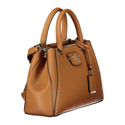 Guess Jeans Brown Polyethylene Handbag with ribbon, adjustable shoulder strap, two handles, external pockets, and logo.