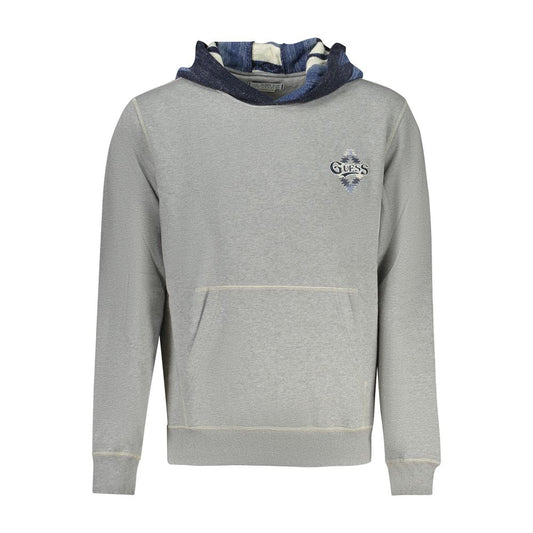 Guess Jeans Gray Cotton Men Sweater with hood and front pocket, featuring iconic embroidery logo and striking design details.