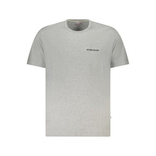 Guess Jeans Gray Cotton Men T-Shirt with crew neck and logo print, offering style and comfort in a sleek design.