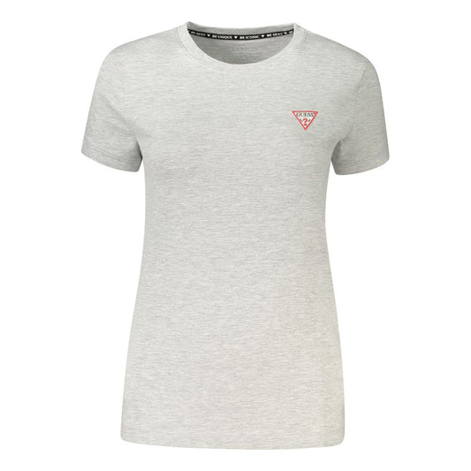 Guess Jeans Gray Cotton T-Shirt with short sleeves and logo, featuring a wide neck and organic cotton fabric.