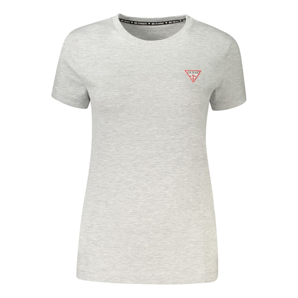 Guess Jeans Gray Cotton T-Shirt with short sleeves, wide neck, logo, and application, made from organic cotton. Perfect casual wear.