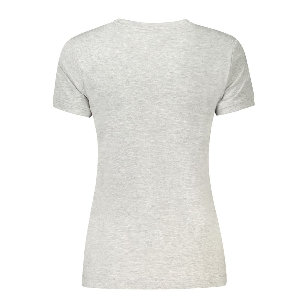 Back view of Guess Jeans Gray Cotton T-Shirt with short sleeves and wide neck, featuring organic cotton material.