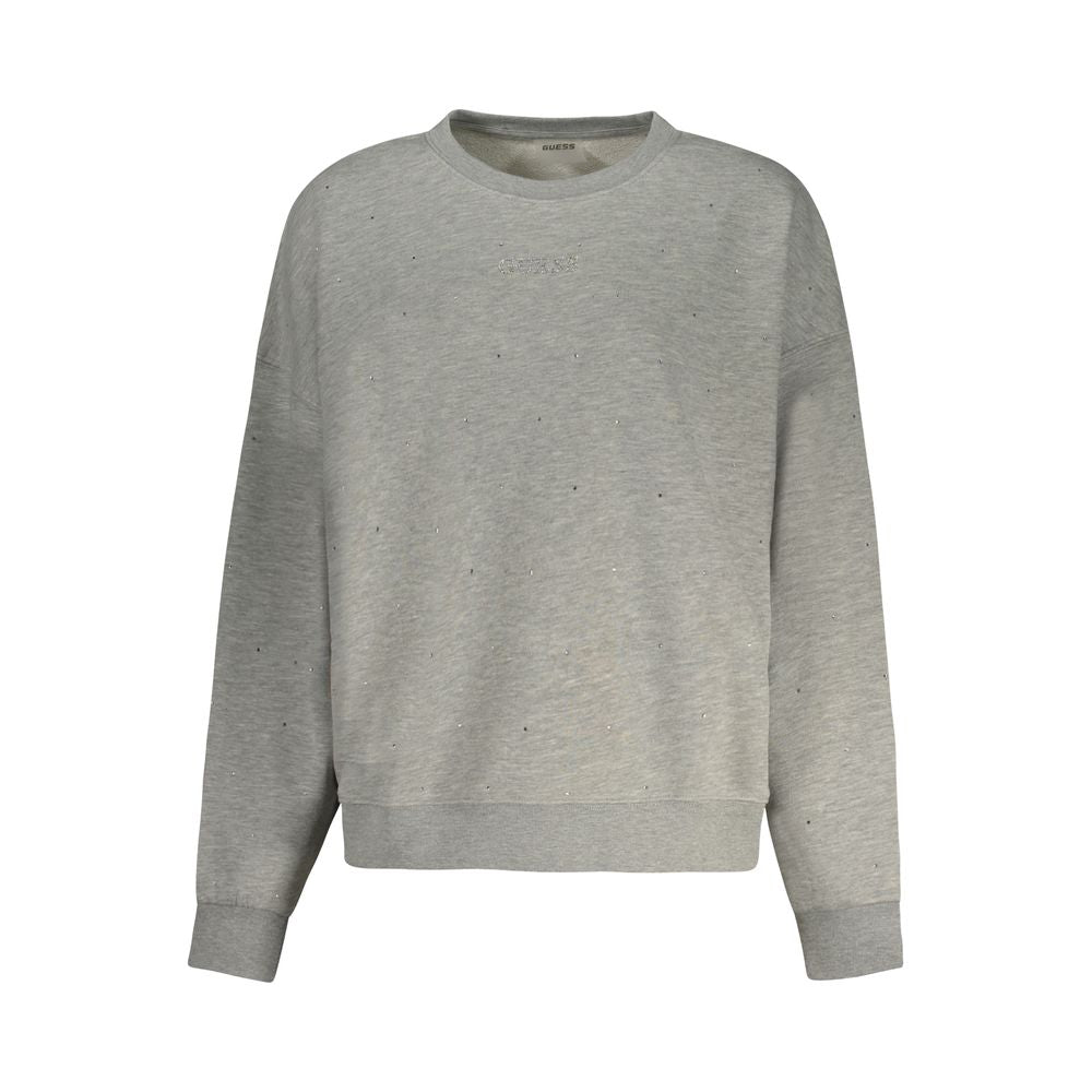 Guess Jeans Gray Cotton Women Sweater with rhinestone details and crew neck, showcasing iconic style and luxurious comfort.