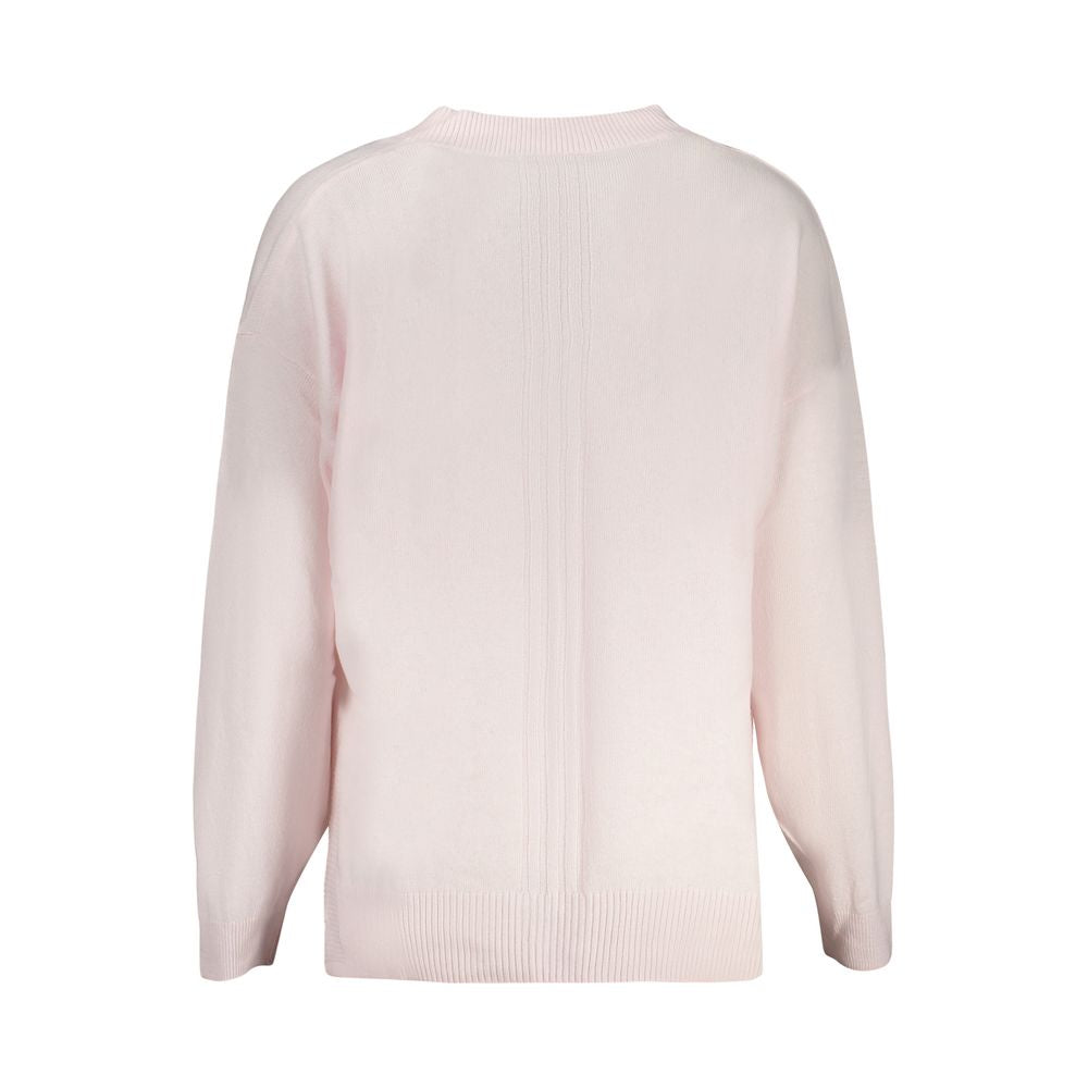 Back view of Guess Jeans Pink Acrylic Women Sweater with long sleeves and ribbed hem, showcasing chic and trendy design.