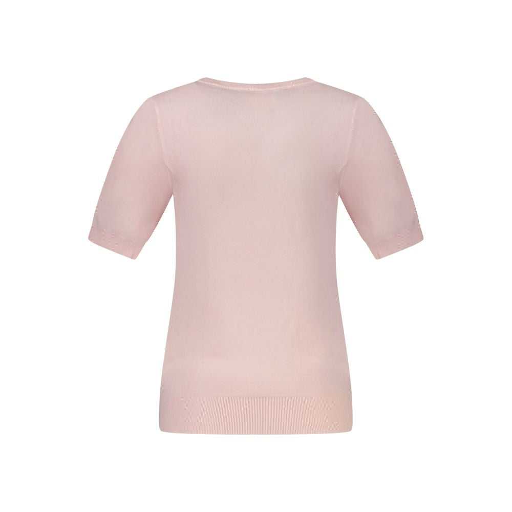 Back view of Guess Jeans Pink Viscose Women Sweater showcasing short sleeves and chic design.