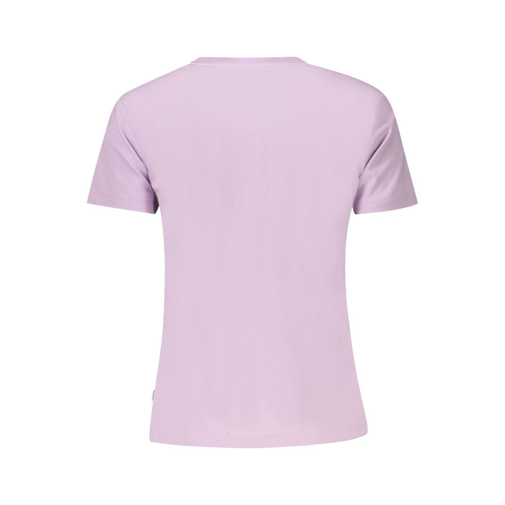 Back view of Guess Jeans Purple Cotton Women T-Shirt showcasing short sleeves and crew neck, perfect for a sleek, bold style.