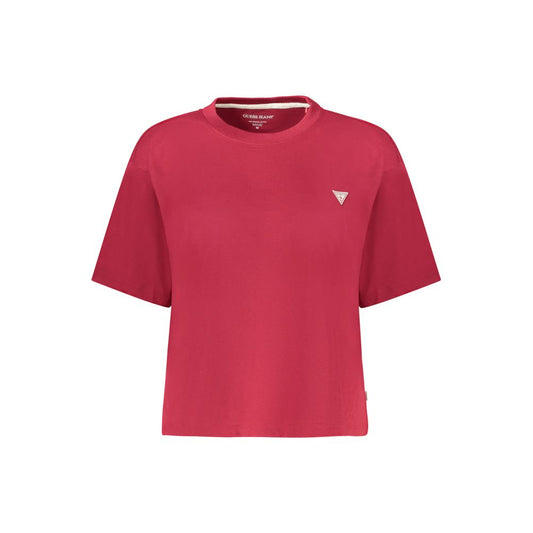 Guess Jeans Red Cotton Women T-Shirt with crew neck and logo appliqué, short sleeves, boxy fit, organic cotton for chic comfort.