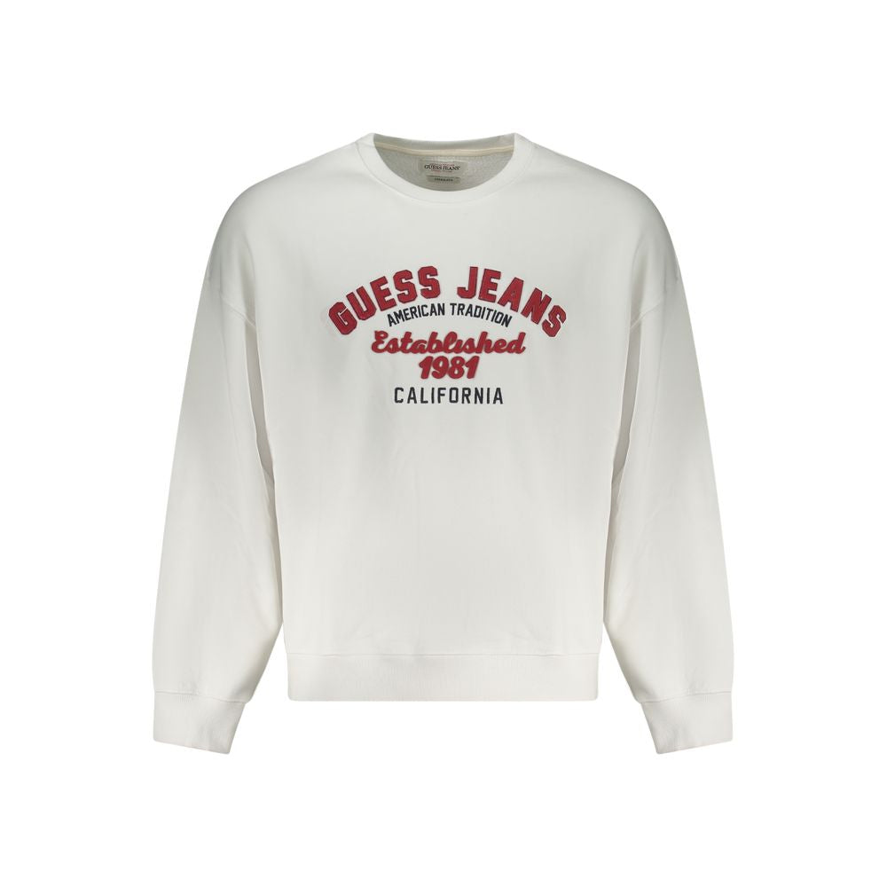 Guess Jeans White Cotton Men Sweater with red embroidered logo, oversized fit, and long sleeves showcasing trendy fashion style.