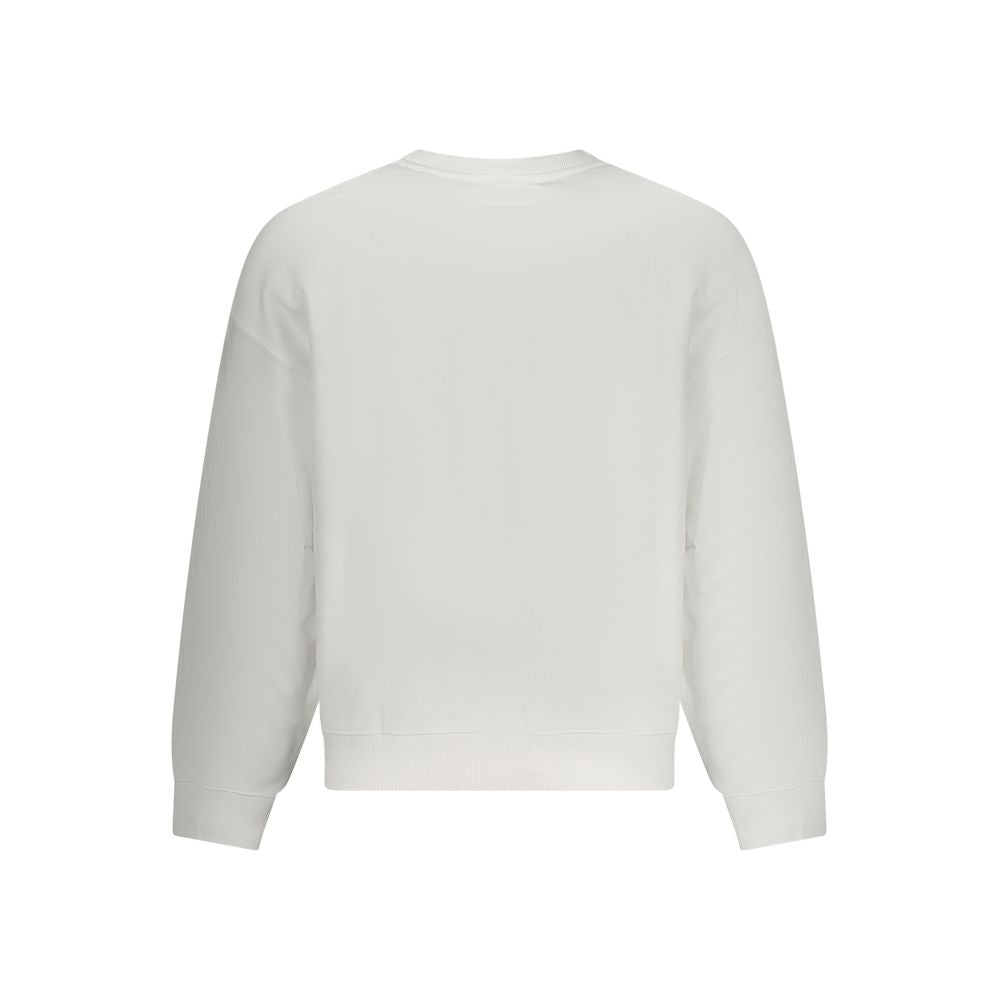 Back view of Guess Jeans White Cotton Men Sweater with crew neck and oversized fit, showcasing iconic Guess logo and intricate embroidery.