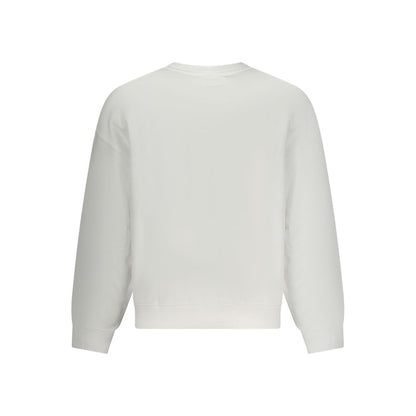Back view of Guess Jeans White Cotton Men Sweater with crew neck and oversized fit, showcasing iconic Guess logo and intricate embroidery.