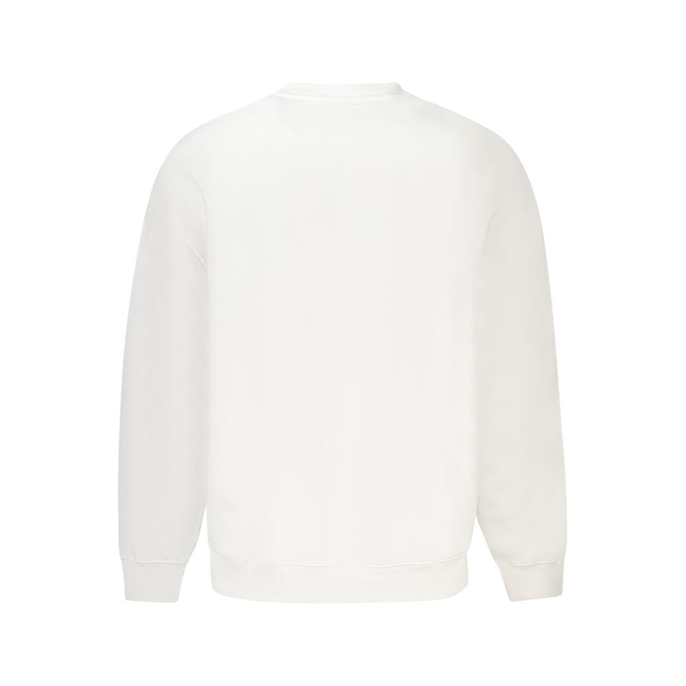 Back view of Guess Jeans White Cotton Men's Sweater showcasing organic cotton fabric and classic oversized design.