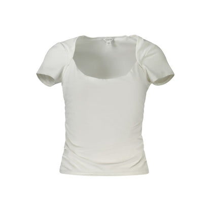 Guess Jeans White Spandex Women T-Shirt with wide neckline and short sleeves, featuring a stylish design ideal for chic casual wear.