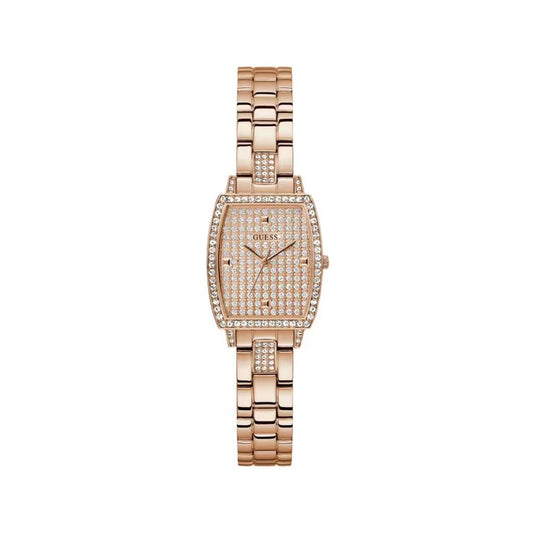 Guess Multicolor Stainless Steel Dress Watch with pink dial and bracelet, quartz mechanism, analog display, and brilliant details.