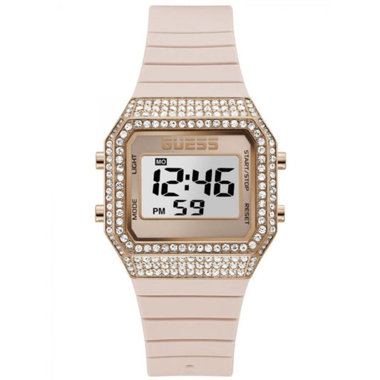 Guess Multicolor Synthetic Digital Watch with quartz mechanism, pink silicone bracelet, golden stainless steel case, digital display, alarm, calendar.