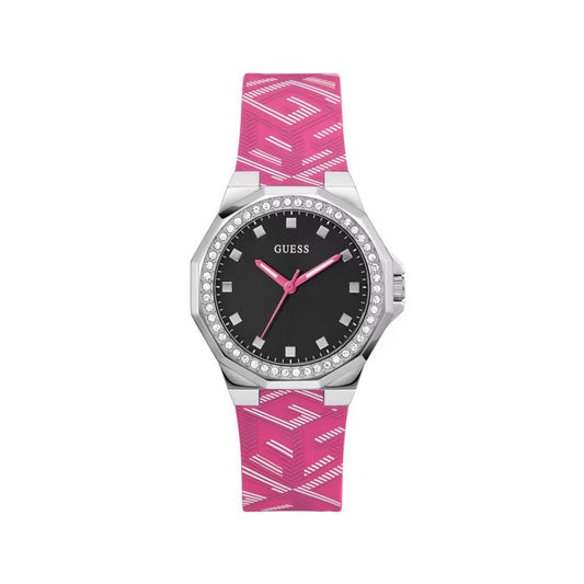Guess Multicolor Synthetic Dress Watch with pink silicone bracelet, stainless steel grey case, black dial, and quartz mechanism.